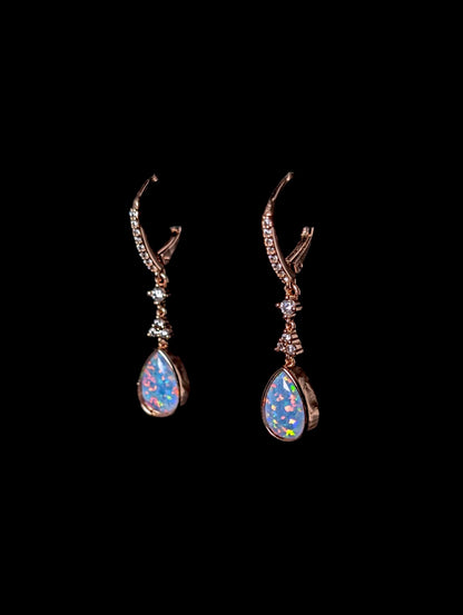 Vintage Inspired Genuine Opal and Simulated Diamond Rose Gold Toned Dangle Earrings