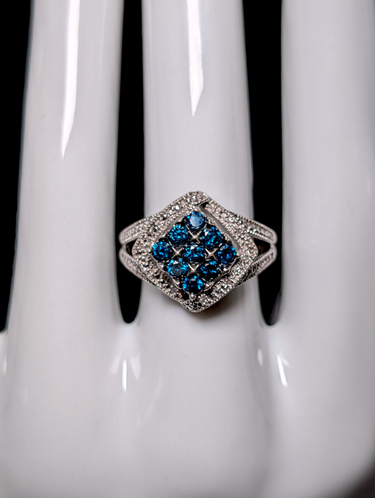 Vintage Dazzling Cluster of Genuine Blue Diamond with Diamond Accent Sterling Silver Split Shank Statement Ring
