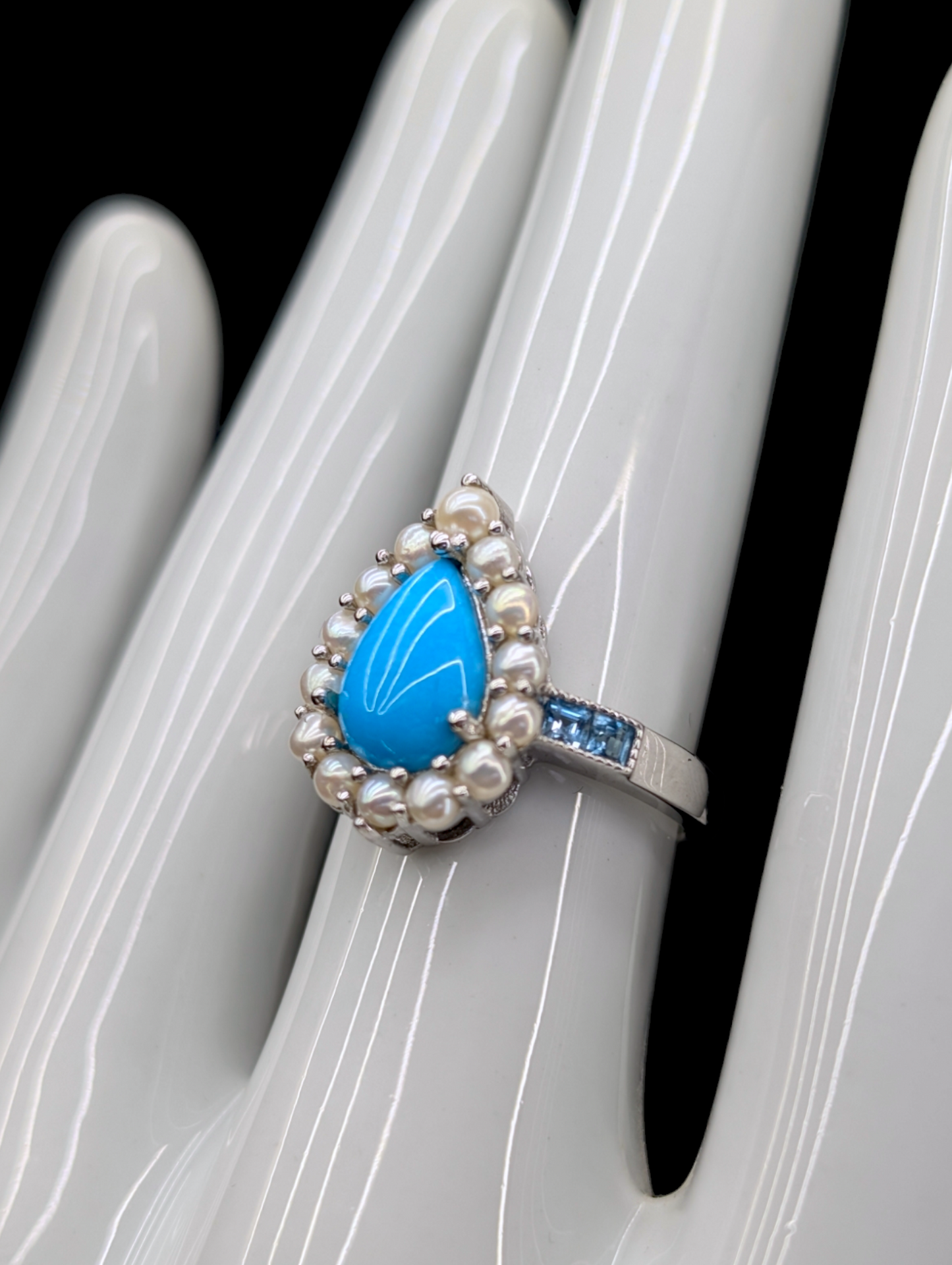 Vintage Pear Cut Genuine Sleeping Beauty Turquoise, Sky Blue Topaz and Cultured Pearl Halo Sterling Silver Ring