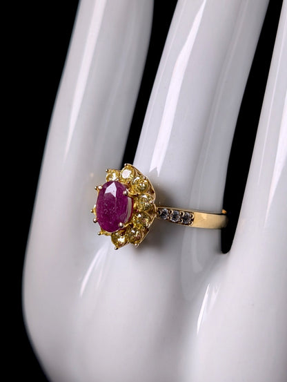 Vintage Oval Cut Genuine Ruby Solitaire with Simulated Yellow Diamond Starburst Halo Gold over Sterling Ring