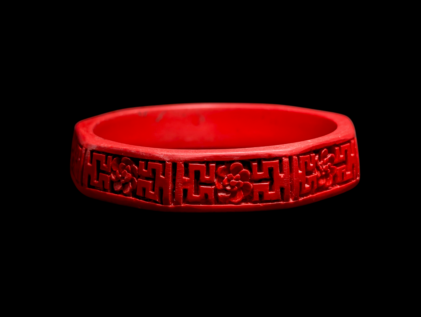 Vintage Red Carved Cinnabar Peonies and Fretwork Bangle Bracelet
