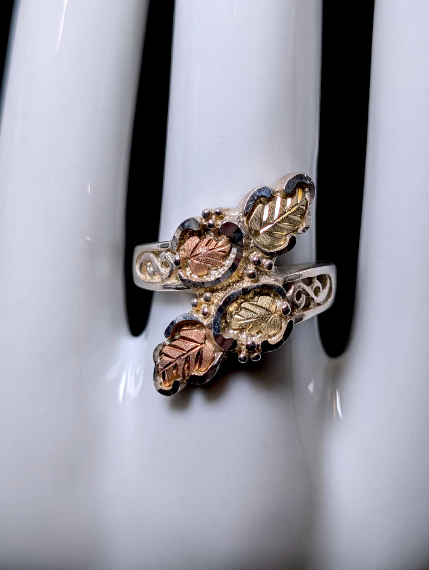 Vintage Black Hills Gold Carved 12K Gold and Sterling Silver Wrap Ring