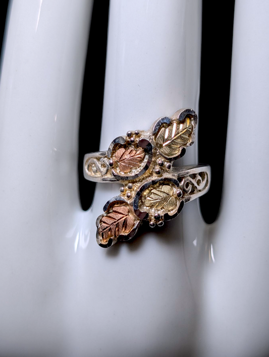 Vintage Black Hills Gold Carved 12K Gold and Sterling Silver Wrap Ring