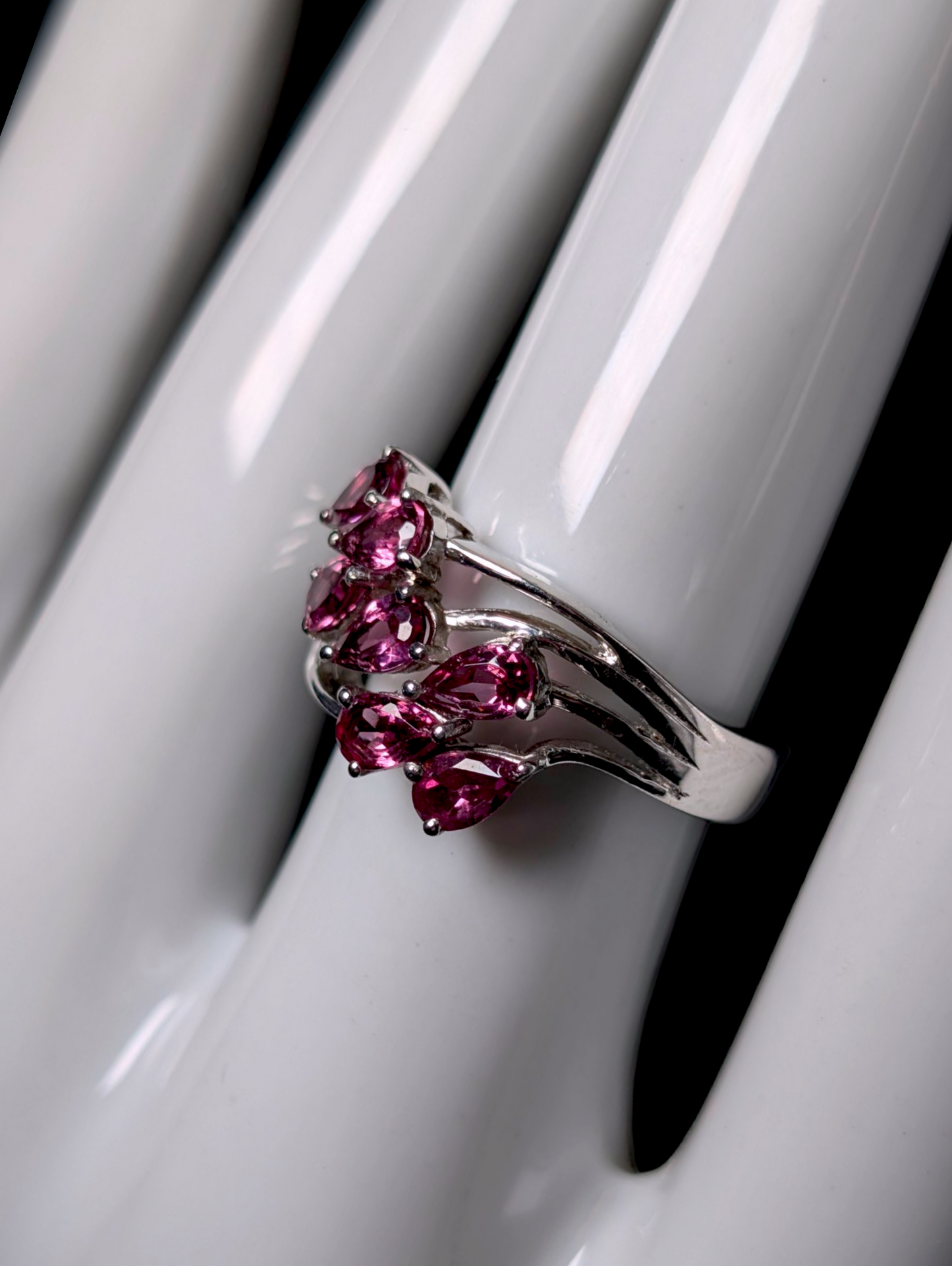 Vintage 1.75 Carat Pear Cut Genuine Pink Tourmaline Sterling Silver Wave Design Ring