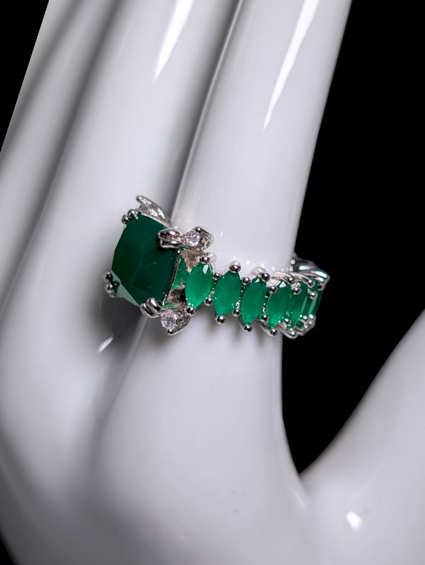 Vintage Inspired Cushion Cut Simulated Emerald Infinity Silver Toned Ring