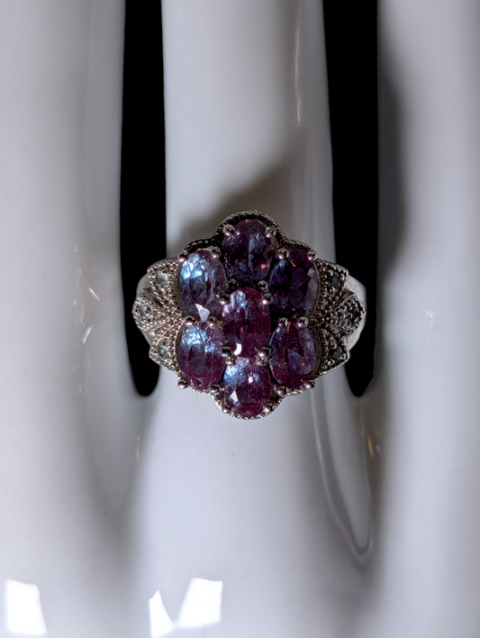 Vintage 3 Carat Color Change Genuine Blue to Purple Alexandrite with Blue Topaz Accents Sterling Silver Cluster Statement Ring