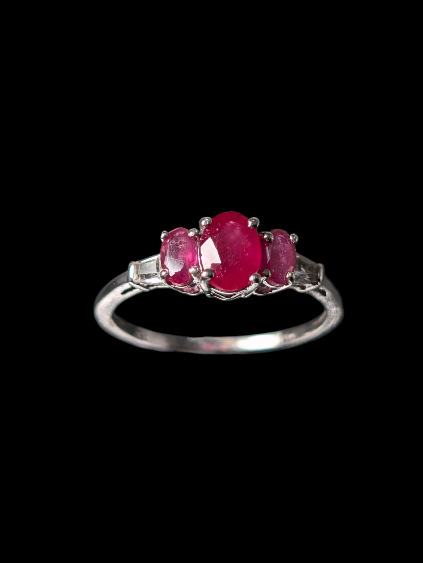 Vintage Three Stone Oval Cut Earth Mined Genuine Ruby, Pink Sapphire and White Topaz Tapered Baguette Accent Stones Sterling Silver Ring