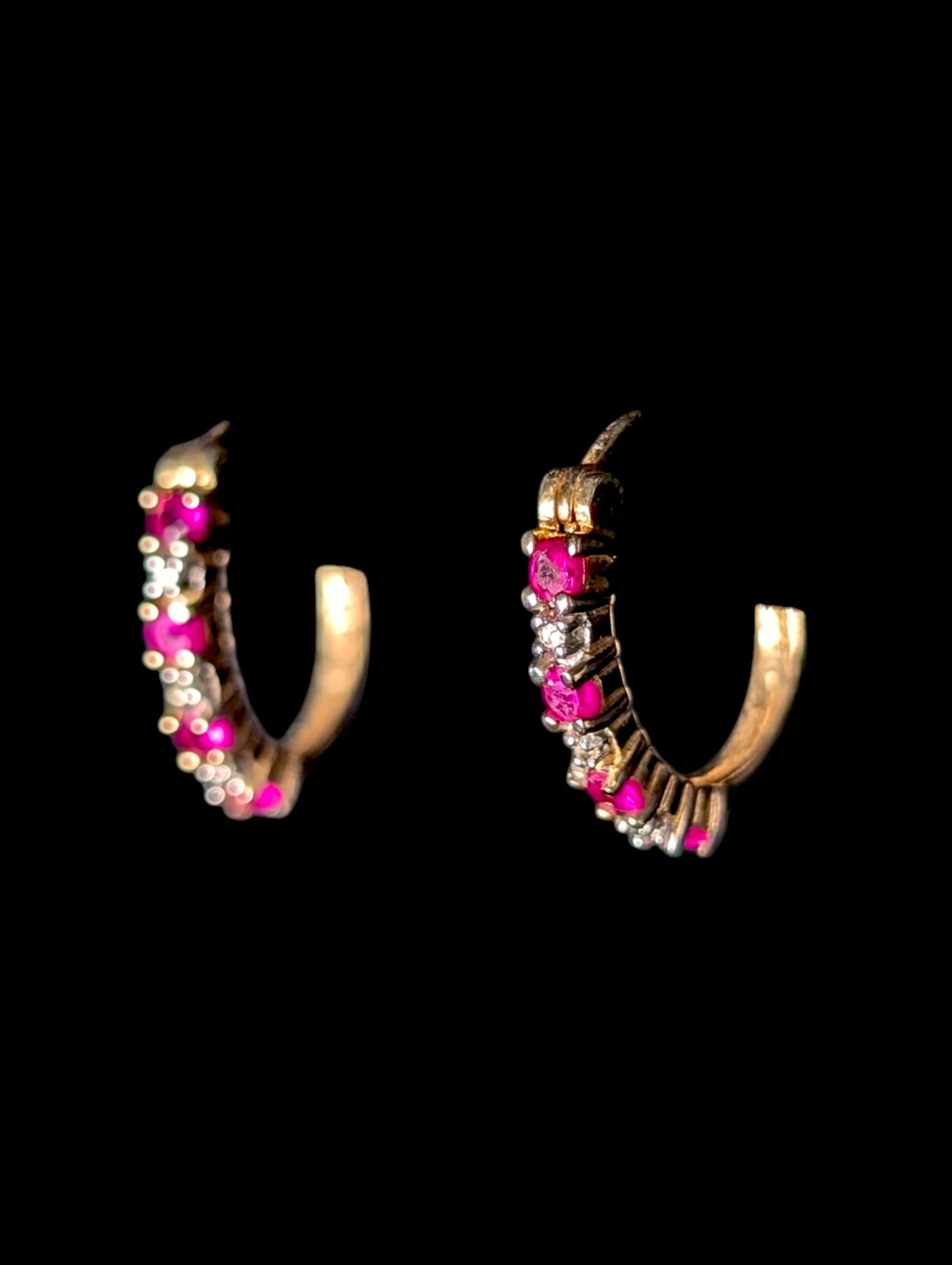 Vintage Genuine Ruby and Diamond Accent 14k Yellow Gold Vermeil Hoop Earrings