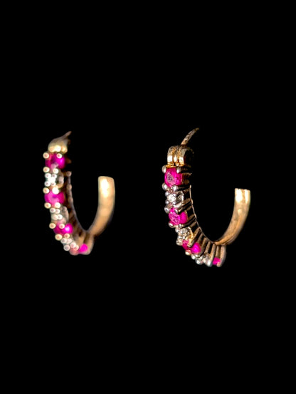 Vintage Genuine Ruby and Diamond Accent 14k Yellow Gold Vermeil Hoop Earrings