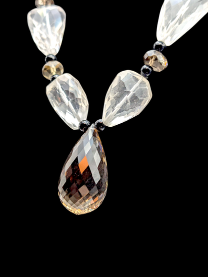 Vintage Briolette Cut Genuine Smoky Quartz, Crystal Quartz and Black Onyx Bead Sterling Silver Statement Necklace