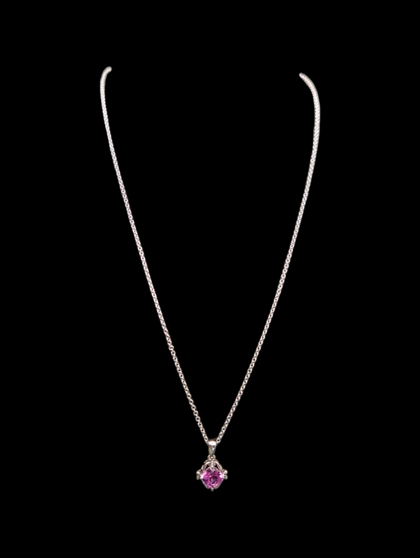 Vintage Inspired Pink Sapphire Sterling Silver Pendant, Necklace and 3 Stone Emerald Trillion Cut Ring Set