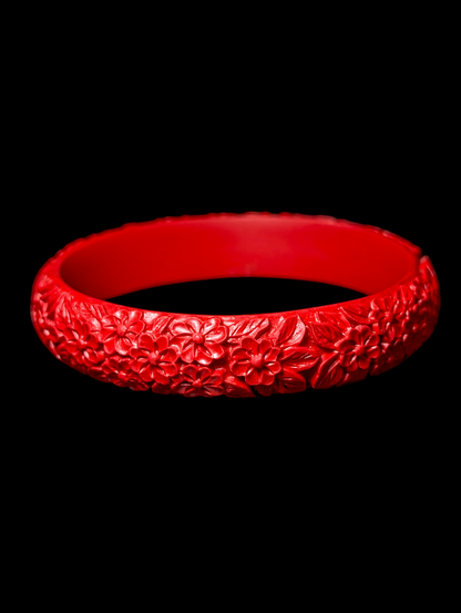 Vintage Red Dimensional Carved Cinnabar Flowers and Foliage Bangle Bracelet