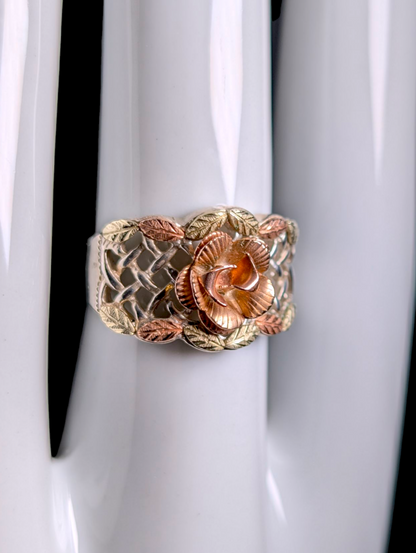Vintage Black Hills Gold Carved Rose 12K Gold and Sterling Silver Basket Weave Ring