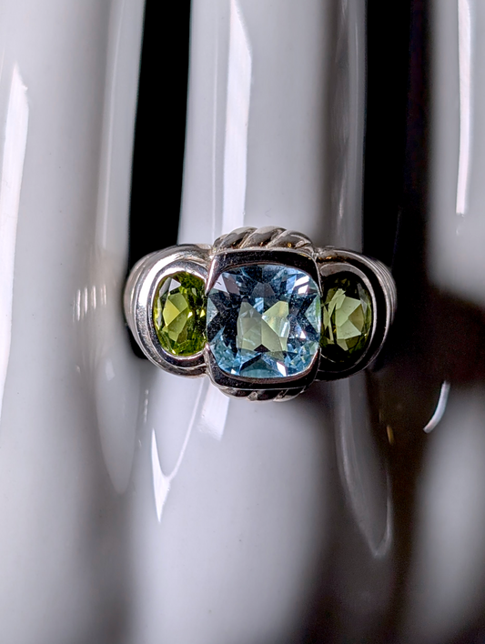 Vintage Judith Ripka Cushion Cut Bezel Set Genuine Sky Blue Topaz and Brilliant Green Peridot Accent Stones Sterling Silver Ring