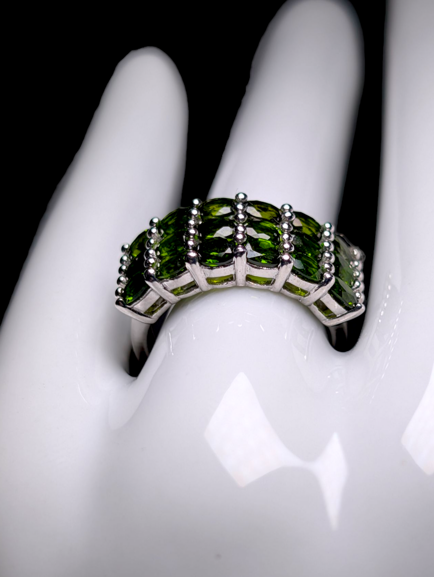 Vintage Three Row Earth Mined Genuine Green Chrome Diopside Sterling Silver Statement Ring