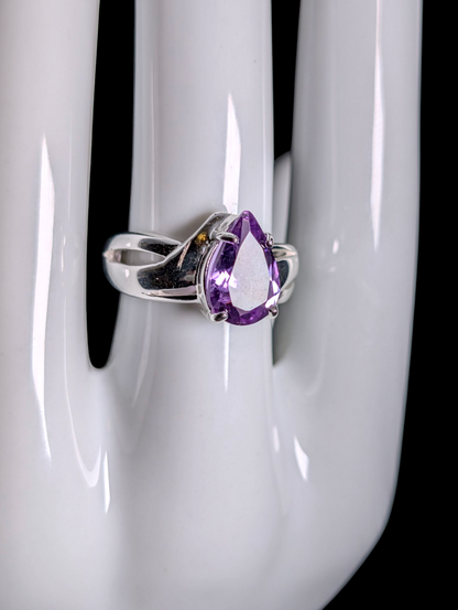 Vintage Pear Cut Genuine Amethyst Solitaire Crossover Sterling Silver Ring