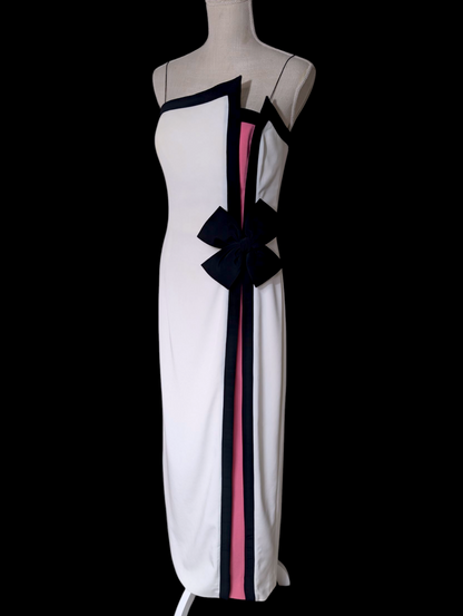 1980s Couture Designer Bill Blass White and Black Hourglass Evening Dress with Hot Pink Color Blocking, Asymmetrical Neckline, Decorative Accent Bow and Spaghetti Straps