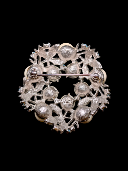 1960s Vintage Sarah Coventry Alaskan Summer Silver Toned Pearl and Turquoise Blue Beaded Wreath Brooch and Matching Earrings Set