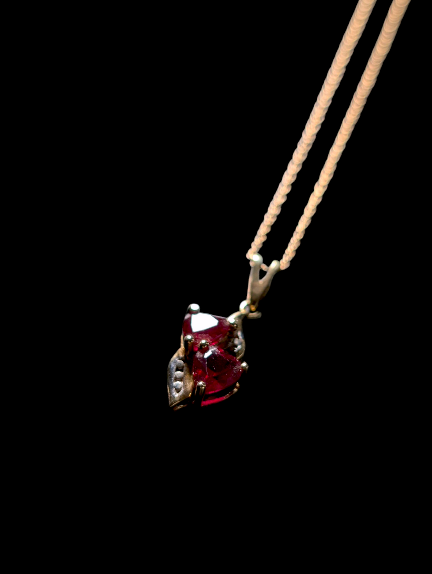 Vintage 10k Solid Yellow Gold Twin Heart Cut Genuine Ruby and Diamond Accent Necklace and Matching Earrings
