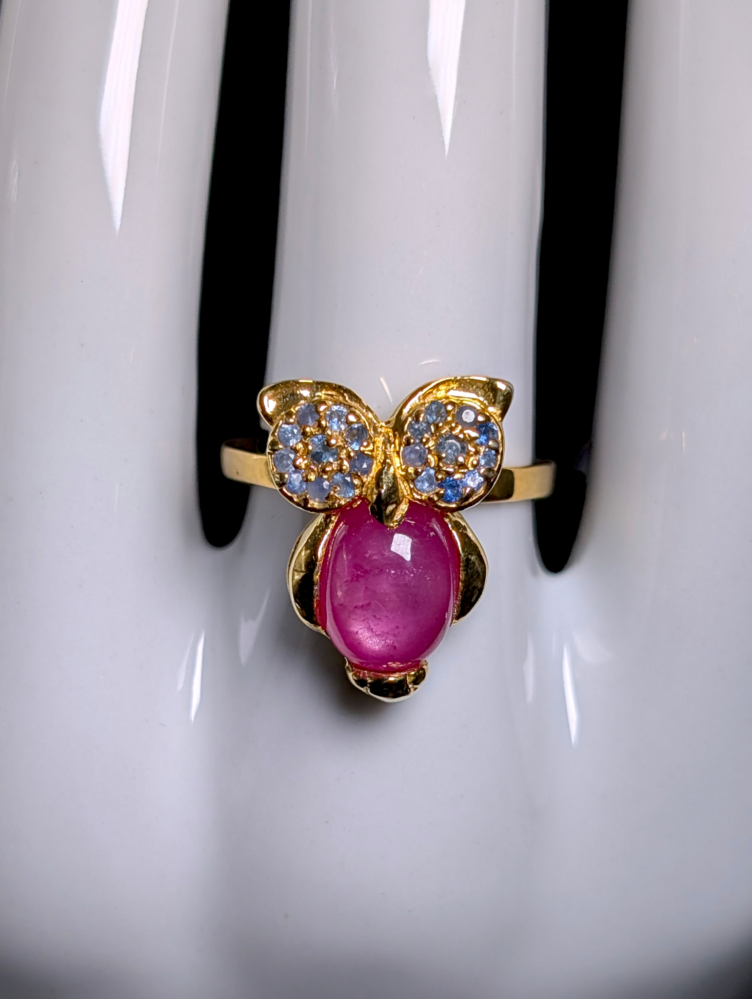 Vintage Owl Genuine Sapphire and Star Ruby 14kt Gold over Sterling Rin ...