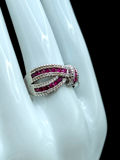 Vintage Cross Over Knot Infinity Genuine Ruby and Simulated Diamond Silver Toned Band Ring
