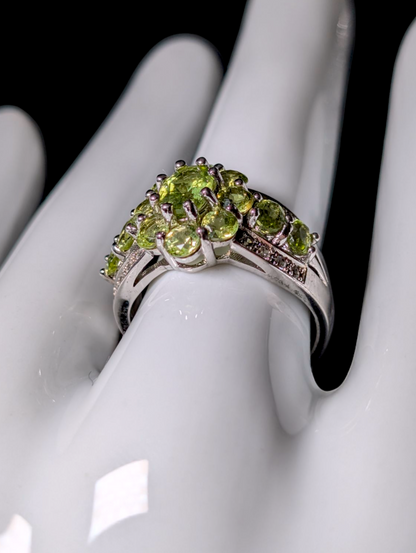 Vintage Cluster Genuine Peridot and White Zircon Sterling Silver Ring