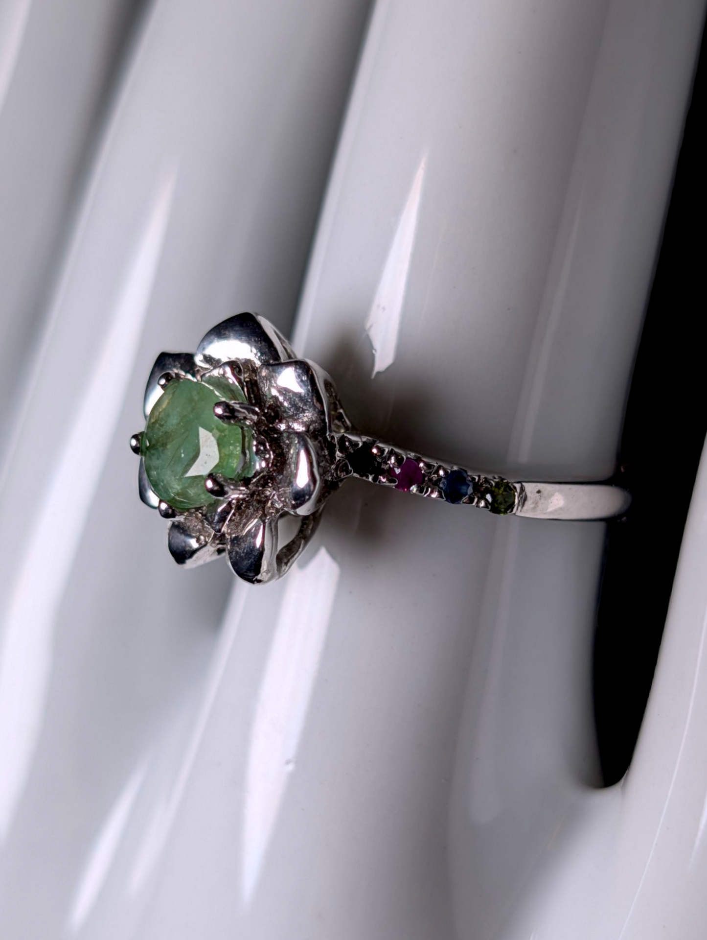 Vintage Multi-stone Earth Mined Round Cut Genuine Emerald Solitaire with Ruby, Chrome Diopside and Sapphire Accented Flower Sterling Silver Ring