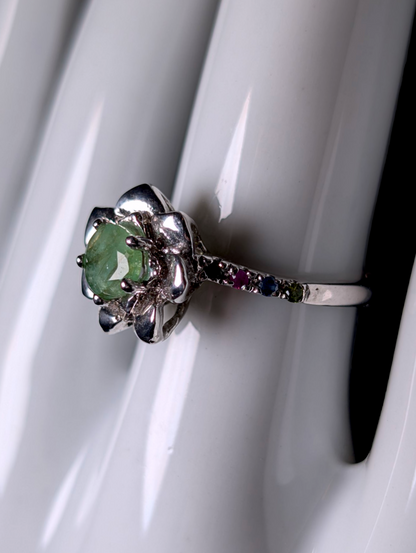 Vintage Multi-stone Earth Mined Round Cut Genuine Emerald Solitaire with Ruby, Chrome Diopside and Sapphire Accented Flower Sterling Silver Ring