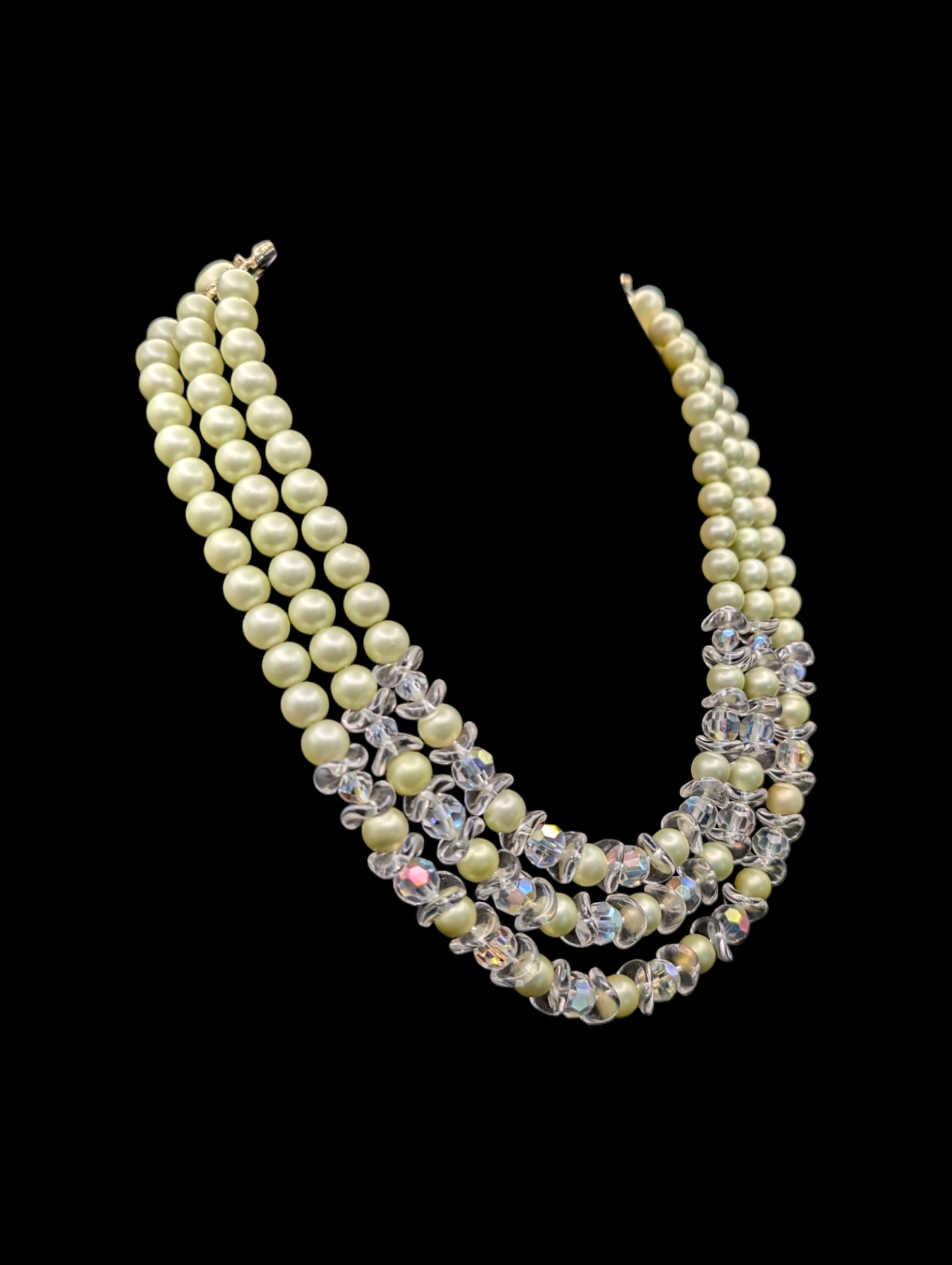 1950s Seafoam Green Freshwater Faux Pearl 3 Strand Necklace with Aurora Borealis Crystal Beads