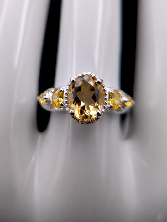 Vintage D'Joy Earth Mined Brazilian Genuine Citrine and Yellow Simulated Diamond Designer Cut Citrine Sterling Silver Ring