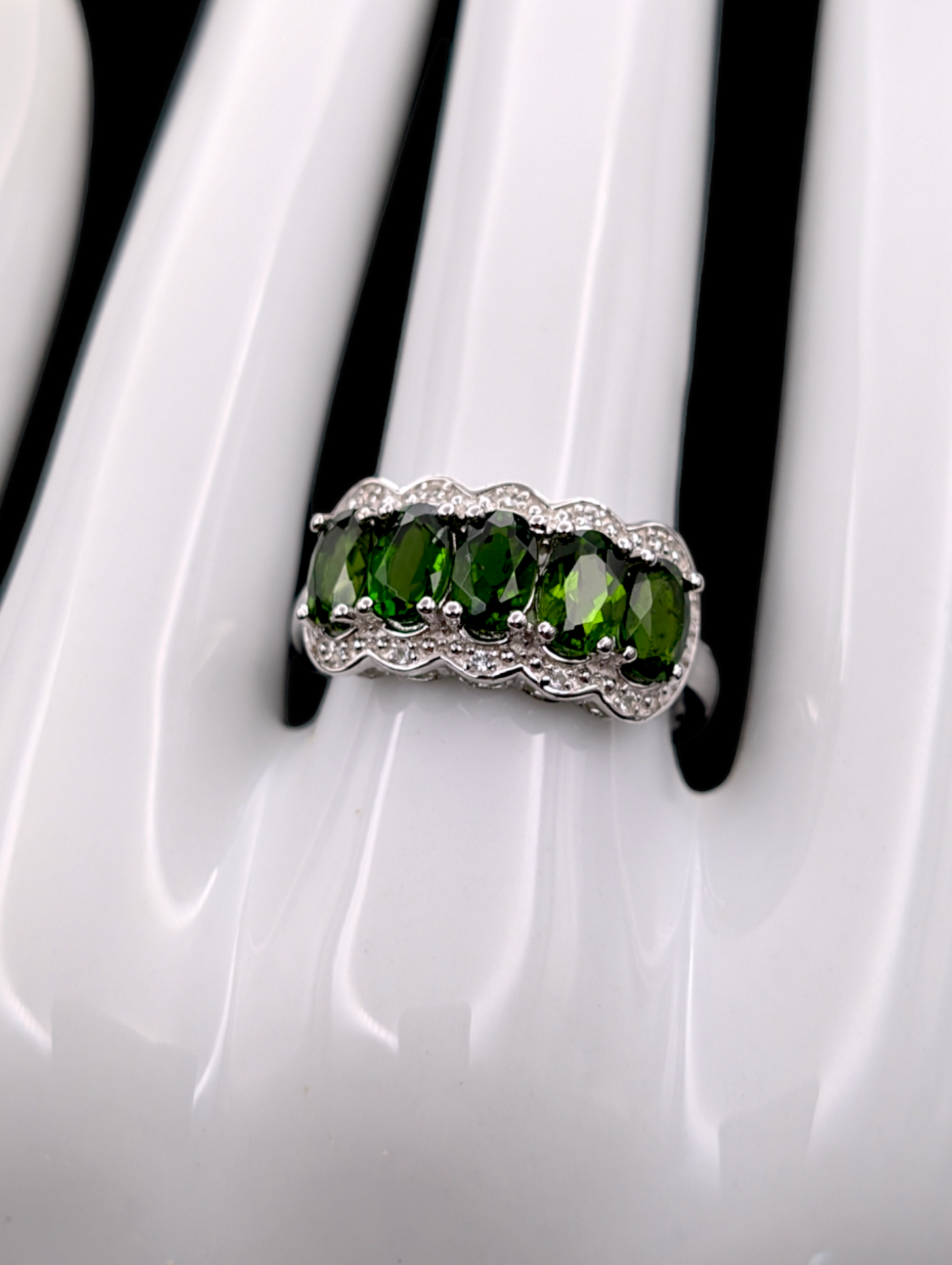 Vintage Genuine Earth Mined Green Chrome Diopside and White Topaz Sterling Silver Ring