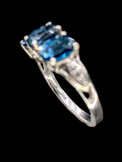 Vintage 3 Stone Genuine London Topaz with White Topaz Accent Stones Sterling Silver Pear Shaped Ring