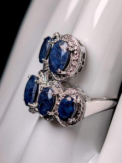 Vintage Graduating Oval Cut Earth Mined Genuine Blue Sapphire with Diamond Accent Stones Sterling Silver Wrap Ring
