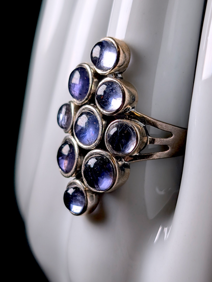 Vintage Bezel Set Cluster Earth Mined Genuine Tanzanite Sterling Silver Mod Ring