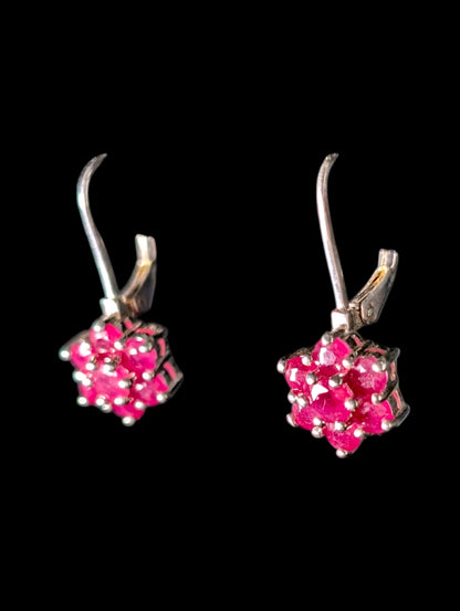 Vintage Genuine Ruby Flower Sterling Silver Dangle Earrings
