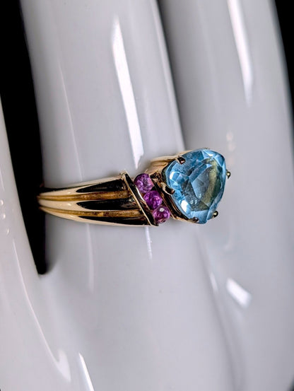 Vintage Trillion Solitaire Genuine Blue Topaz and Amethyst 10k Yellow Gold Ring