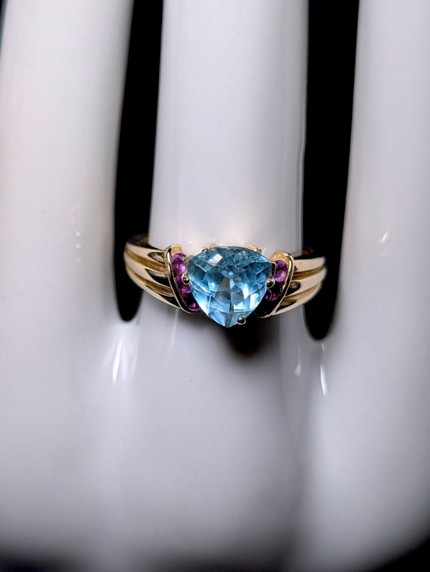 Vintage Trillion Solitaire Genuine Blue Topaz and Amethyst 10k Yellow Gold Ring