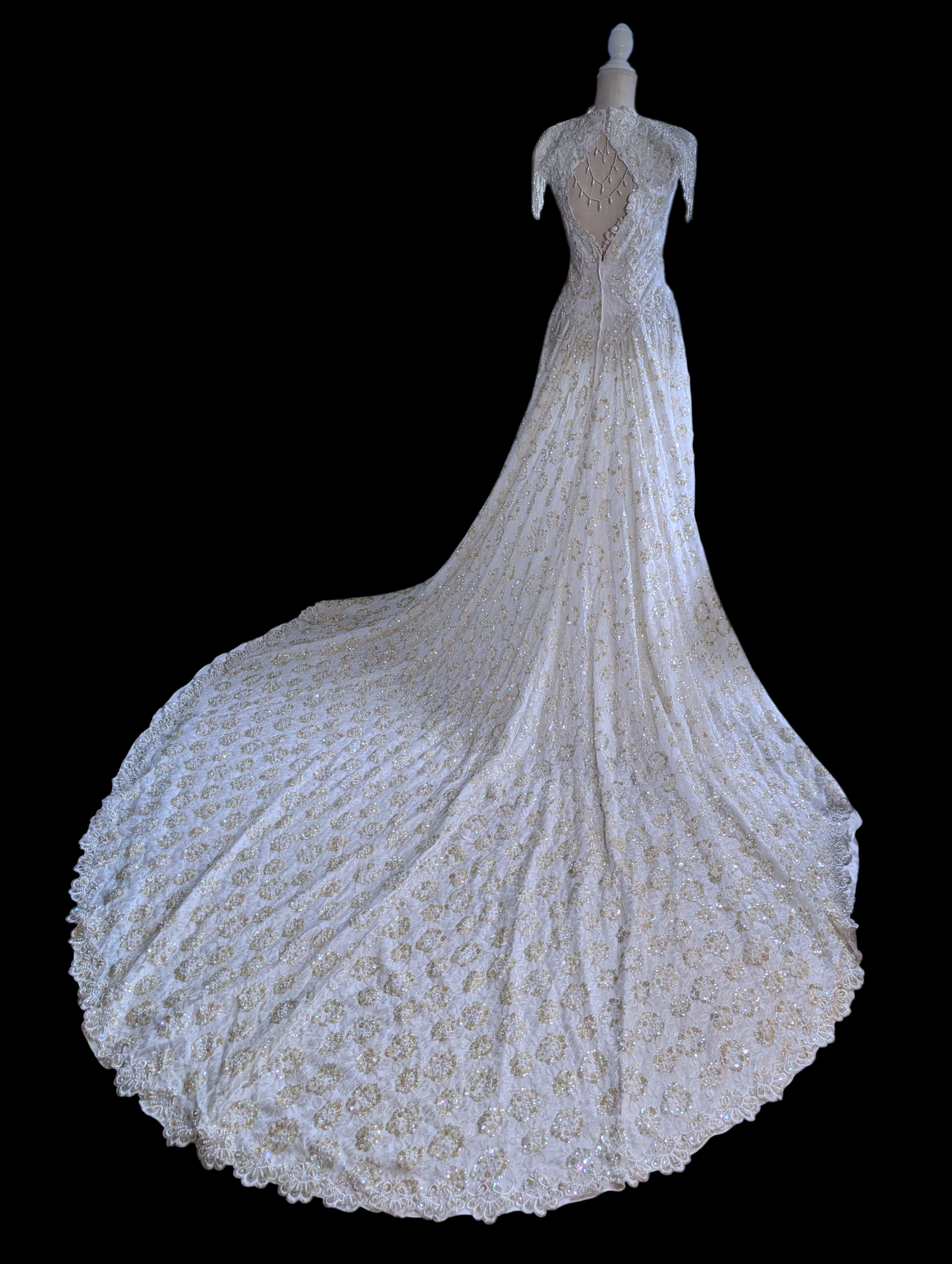 1980s-1990s Alfred Angelo Mystical Aurora Borealis Sequin and Pearl Beaded Sleeveless Vintage Wedding Dress with Cathedral Train