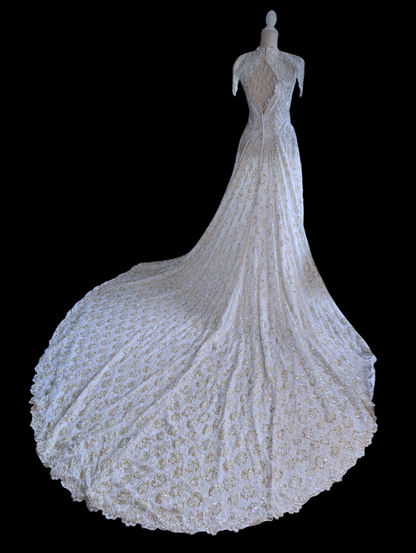 1980s-1990s Alfred Angelo Mystical Aurora Borealis Sequin and Pearl Beaded Sleeveless Vintage Wedding Dress with Cathedral Train