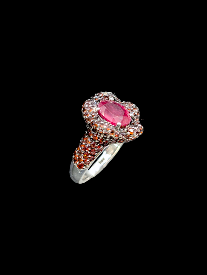 Vintage Earth Mined Genuine Ruby Solitaire and Spessartite Garnet Clustered Flower Mount Rhodium over Sterling Silver Ring