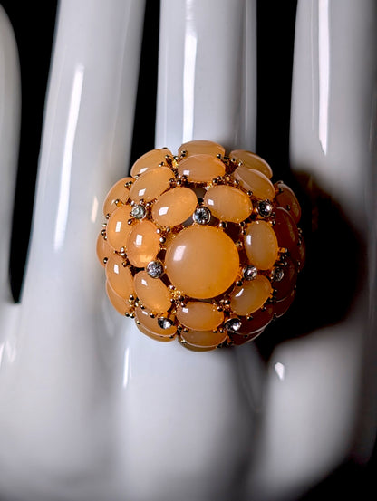 Vintage Orange Cabochon and Rhinestone Cocktail Gold Toned Ring