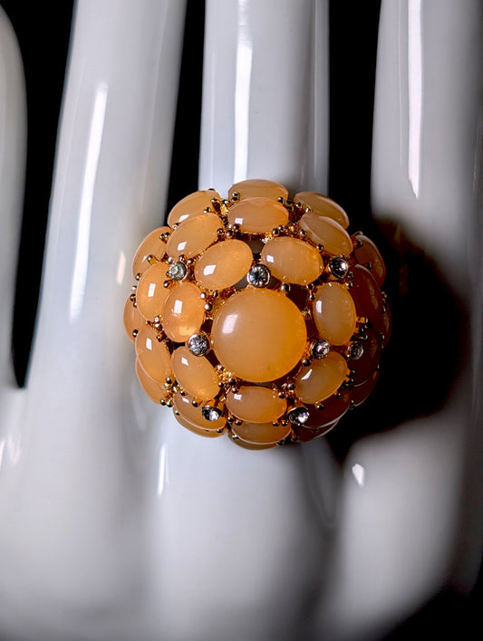 Vintage Orange Cabochon and Rhinestone Cocktail Gold Toned Ring