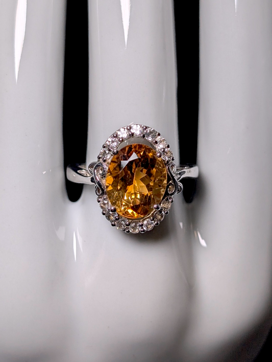 Vintage Dazzling 5+ Carat Oval Cut Genuine Golden Citrine Solitaire with White Topaz Halo Sterling Silver Statement Ring