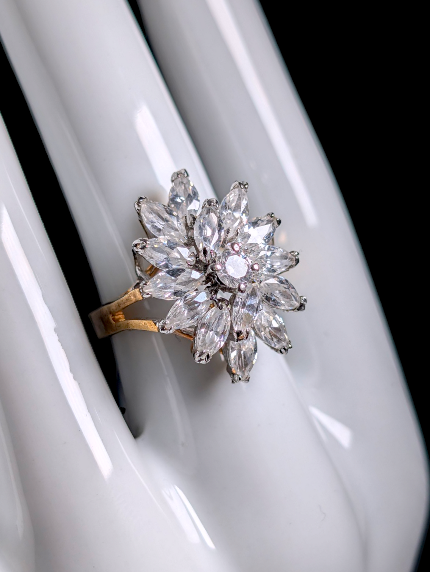 Vintage Marquise Cut Simulated Diamond Cluster Starburst 14K Yellow Gold Vermeil Cocktail Statement Ring