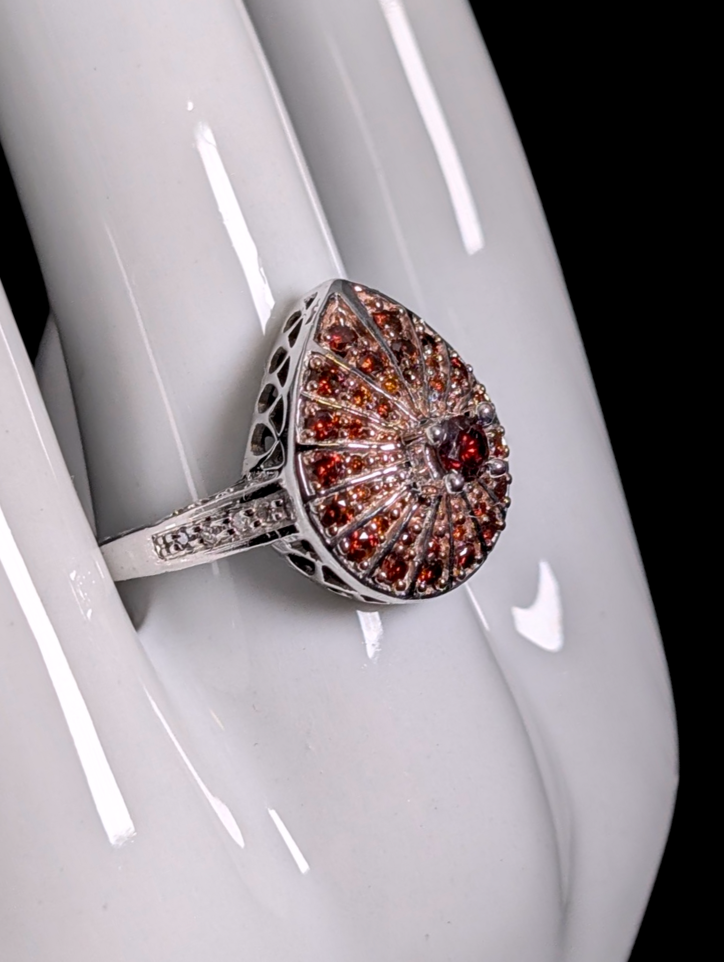Vintage Art Deco Inspired Genuine Red Diamond Pear Shaped Cluster Sterling Silver Statement Ring