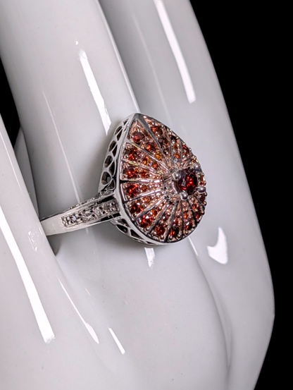 Vintage Art Deco Inspired Genuine Red Diamond Pear Shaped Cluster Sterling Silver Statement Ring