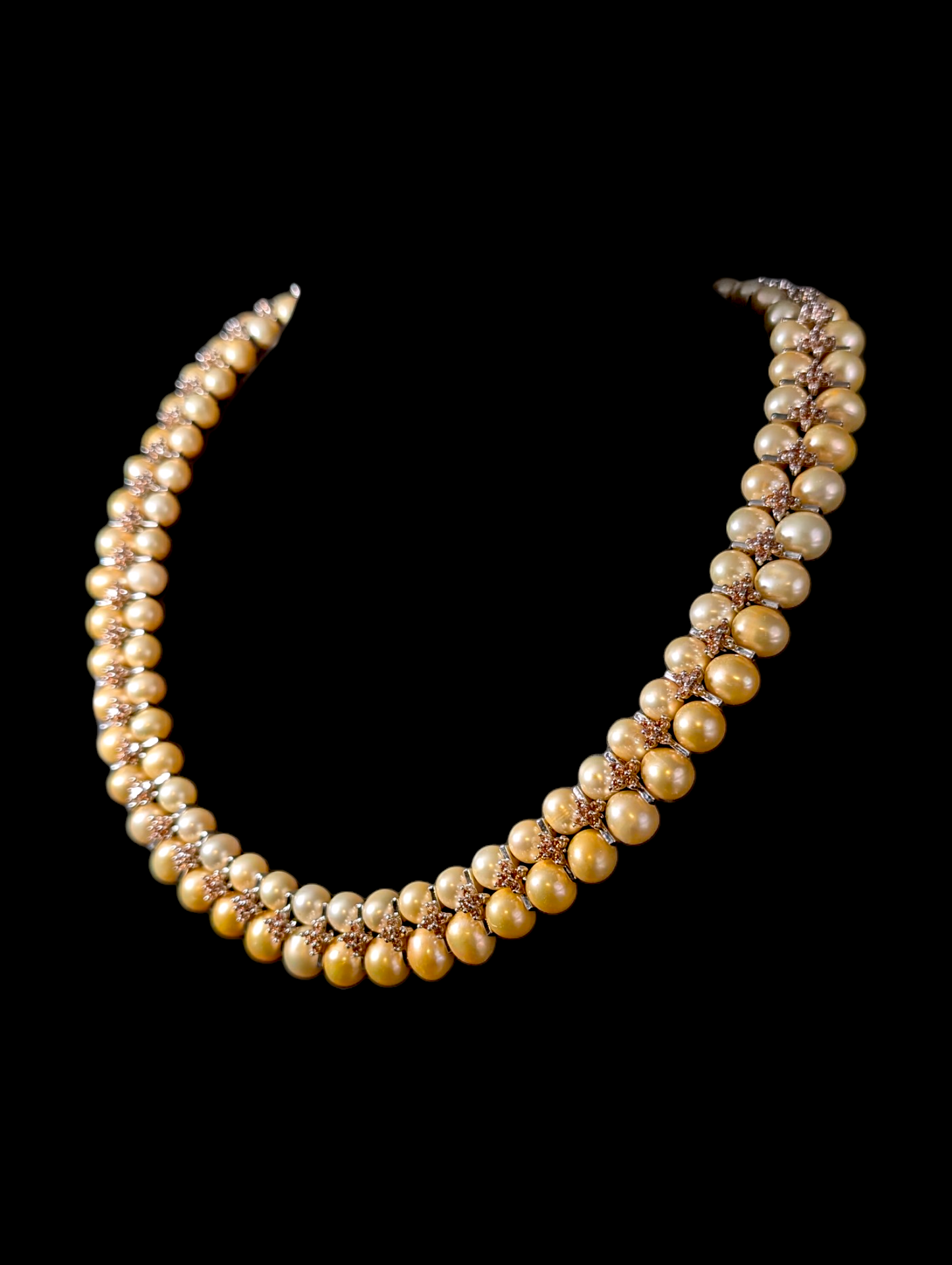 Vintage Stunning Lucas Lameth Designer Genuine Champagne and Golden Pearl with Orange Rhinestones Sterling Silver Necklace