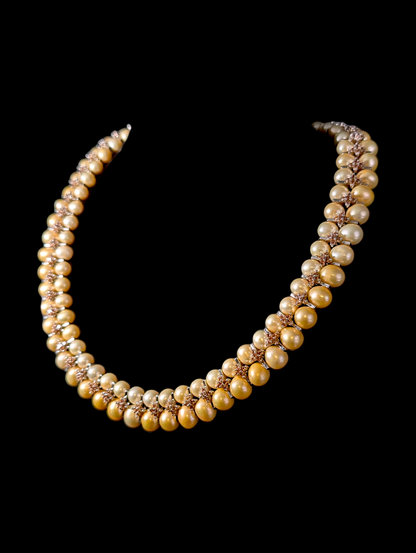 Vintage Stunning Lucas Lameth Designer Genuine Champagne and Golden Pearl with Orange Rhinestones Sterling Silver Necklace