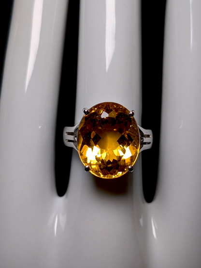 Vintage Large Oval Cut Genuine Golden Citrine Solitaire Sterling Silver Statement Ring