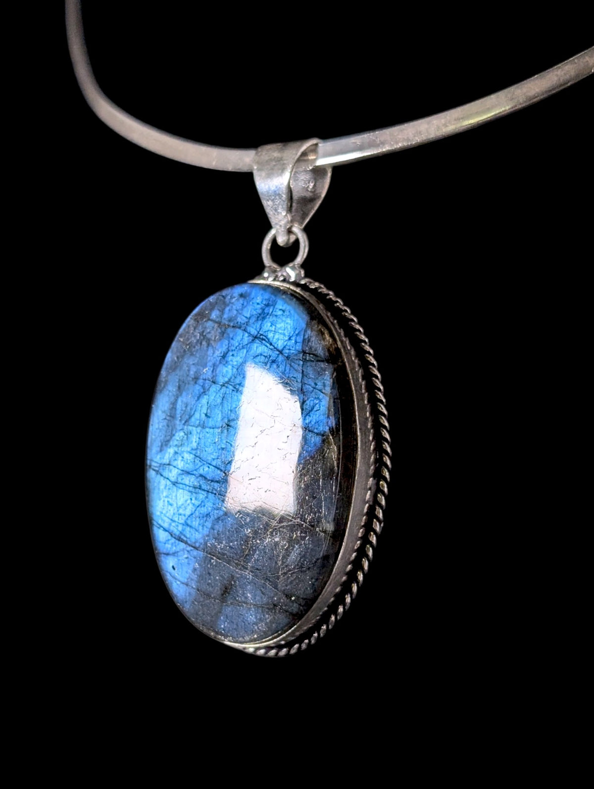 Vintage Large Genuine Blue Fire Labradorite Oval Solitaire Sterling Silver Pendant